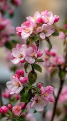 Fototapeta premium Pink apple blossoms blooming in spring sunshine
