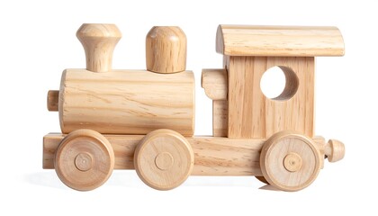 A light-colored wooden toy train, featuring simple, classic design elements, sits against a pure white background.