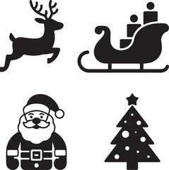 Obraz premium Christmas holiday icons santa claus reindeer sleigh and tree silhouette collection