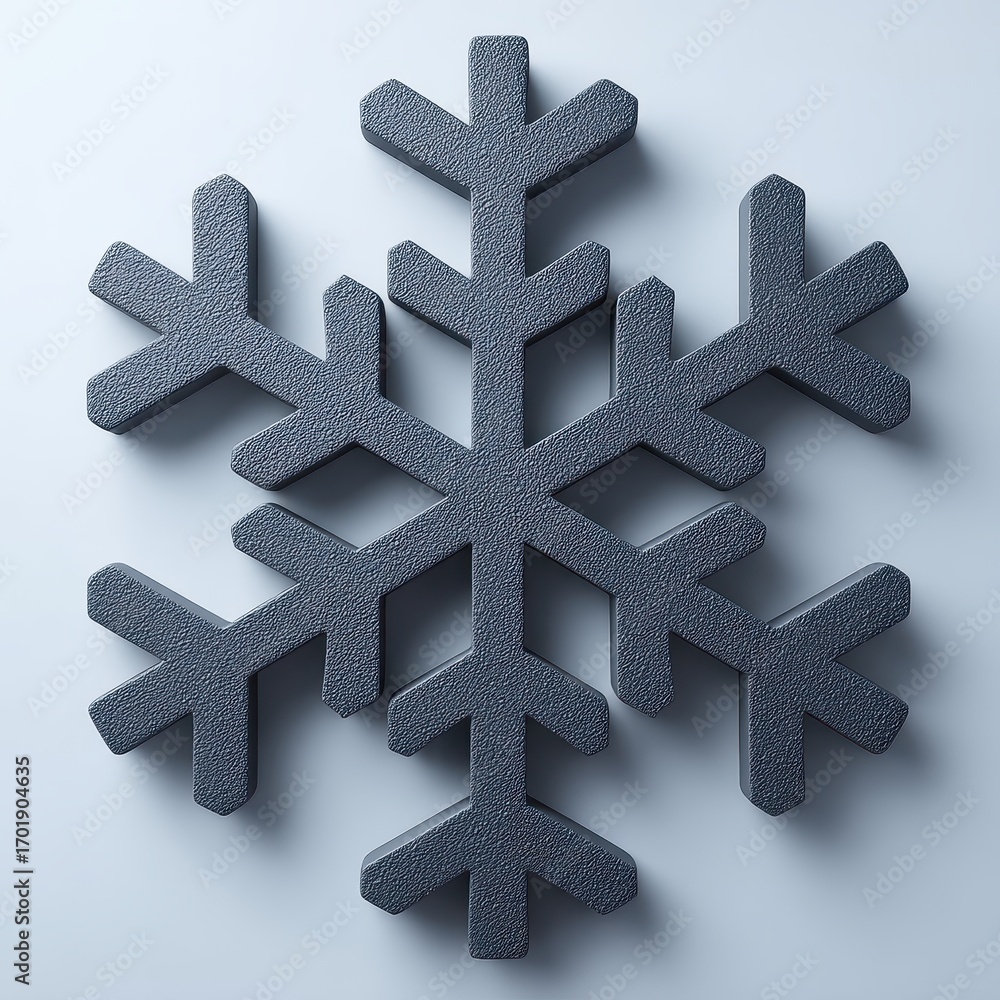 Poster close up of a three dimensional dark gray snowflake with glitter texture on a white background. wint