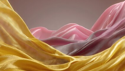 Abstract flowing fabric landscape with golden and pink hues.