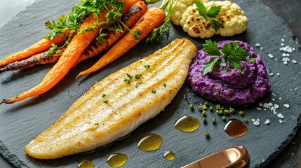 Premium flounder filet perfectly grilled with purple cauliflower puree, roasted carrots and fresh herbs on slate plate