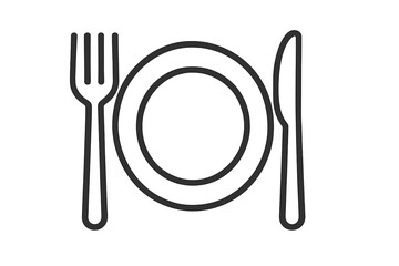 Plate and cutlery outline icon, fork and knife set with empty dish, clean minimalist dishware design, vector cartoon illustration for graphic design, apps, adverts, various cards