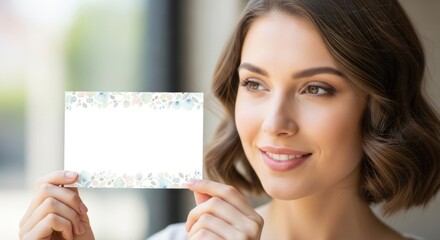 Woman holding blank decorative card with watercolor floral pattern and light green background for celebration announcement.
