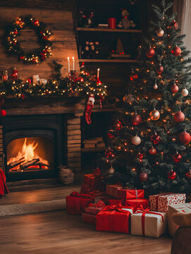 Wundersch&ouml;n geschm&uuml;ckter Weihnachtsbaum mit funkelnden Lichtern und Ornamenten, umgeben von Geschenken vor einem knisternden Kamin in einem gem&uuml;tlichen Wohnzimmer
