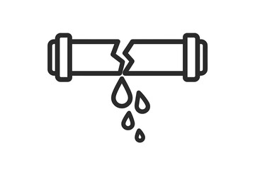 Broken pipe leaking water icon, simple vector illustration, plumbing leak concept symbol, water damage, pipe burst repair, construction maintenance sign, transparent background