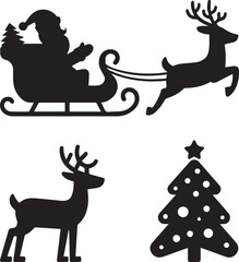 Obraz premium Christmas silhouette santa claus sleigh reindeer and tree festive winter holiday scene