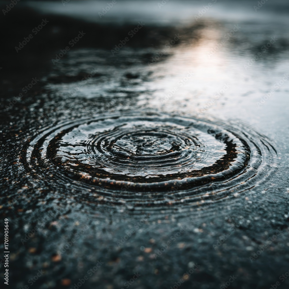 Poster close up of concentric circles in a puddle on dark asphalt, reflecting soft light.