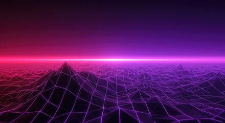 Retro-futuristic digital landscape with a glowing purple wireframe grid under a vibrant pink and purple sky.