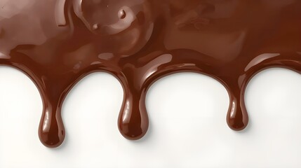 A close-up macro shot of luscious melted chocolate syrup flowing smoothly, with rich brown drips forming against a pristine white surface
