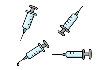 Vector cartoon syringe set with transparent background, medical injection symbols for healthcare, vaccination, immunization, medicine, and clinic concept illustration