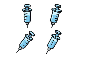 Set of four blue medical syringes with liquid, cartoon vector illustration for healthcare, vaccination, injection concept, transparent background, medical tools collection
