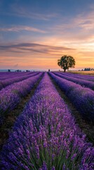 Obraz premium Sunset lavender fields in calm scene