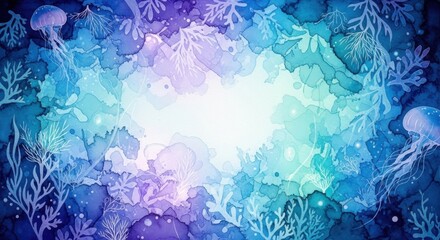 Underwater world watercolor art with jellyfish and seaweed. Abstract blue ocean illustration. Marine life background for greeting card.