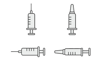 Syringe Outline Line Icon Set for Medical and Healthcare Design, Injection and Vaccination Symbols, Vector Cartoon Style Transparent Background, Graphic Web, App, and Advertisement Use