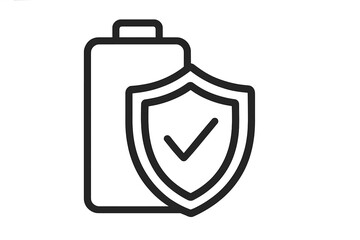 Battery protection shield icon with checkmark. Concept for power safety, energy security, reliable accumulator. Vector for warranty, durability, long life, and certified power.