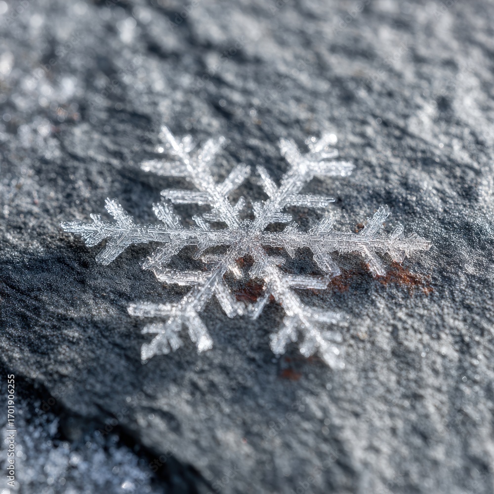 Poster close up view of an intricately detailed snowflake resting on a dark gray stone surface. the snowfla