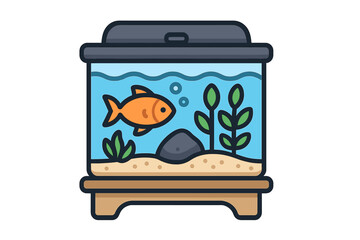 Colorful vector aquarium icon with orange fish, green aquatic plants, decorative stone, blue water, transparent background, cartoon style, pet tank illustration, aquatic life concept