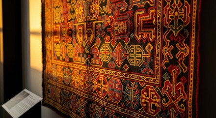 Detailed view of a vibrant woven rug with traditional geometric patterns on display in a museum. Ancient textile art with rich colors, cultural heritage concept.
