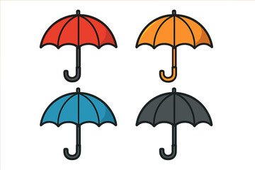 Colorful umbrella vector set with parasol bumbershoot icons for graphic design, books, adverts, and app illustrations, cartoon style with transparent background, assorted colors collection