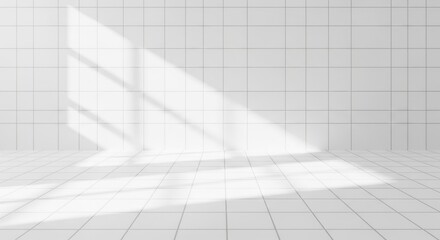 Empty white tiled room with sunbeams. Bright abstract studio with wall and floor. Modern clean interior for product display.