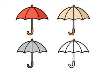 Set of four colorful umbrella icons vector illustration, parasol and bumbershoot line art, rain protection concept, cartoon style graphics for design and app use, transparent background