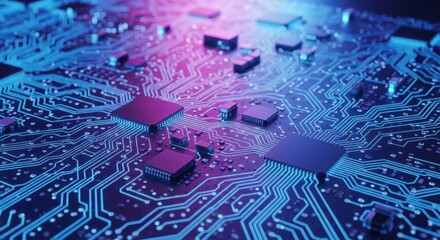 Close up of an electronic circuit board with glowing light trails and microchips. Modern technology background for digital innovation and cybersecurity concept.