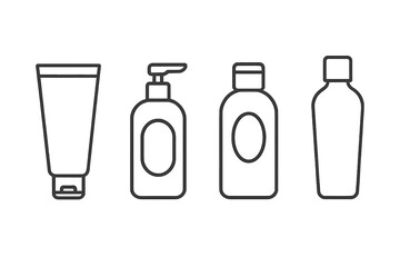Cosmetic bottle line icon set. Skincare packaging. Beauty product container. Shampoo, gel, lotion, cream tube, soap dispenser. Minimal outline vector illustration. Hygiene.