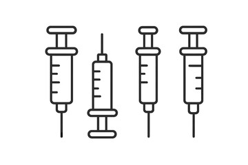 Set of syringe outline vector illustrations for medical, healthcare, injection, vaccination, needle, vaccine, immunization, injection tool, syringe icons, transparent background