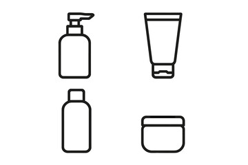Obraz premium Cosmetic bottle outline icon set. Vector line art of skincare packaging. Pump dispenser, tube, and jar for shampoo, lotion, cream. Beauty product container symbols.
