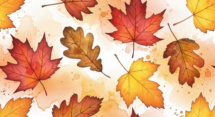 Fall watercolor leaves with autumn splash background. Hand painted harvest season decorative element for Thanksgiving greeting card.