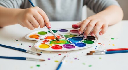 Kid hand holding paintbrush with watercolor palette. Children creativity development while painting and learning at home. Art class, education concept.