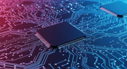 Microchip on a circuit board with glowing lines. Digital technology background for computer science and engineering concept.