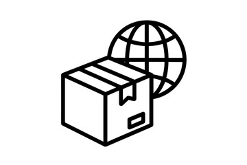 Global delivery icon. International shipping and worldwide logistics concept. Earth globe with parcel box. World trade, transport, and freight symbol for web and apps.