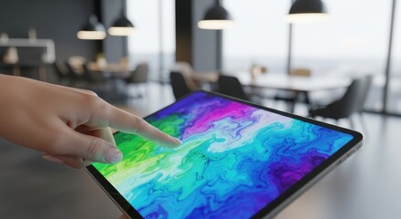 Woman hand touching tablet screen with colorful abstract liquid marbling texture. Modern technology device for art, design, and entertainment.