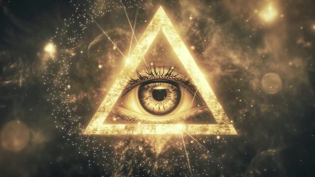 Glowing all seeing eye inside radiant triangle floating in cosmic dust, symbolizing mystery, enlightenment, secret knowledge, spiritual power, ancient symbolism, and mystical universal awareness