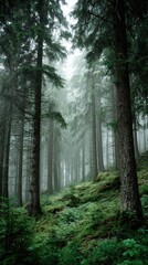 Obraz premium Foggy forest with tall trees