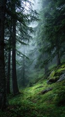 Fototapeta premium Misty forest pathway surrounded by tall trees