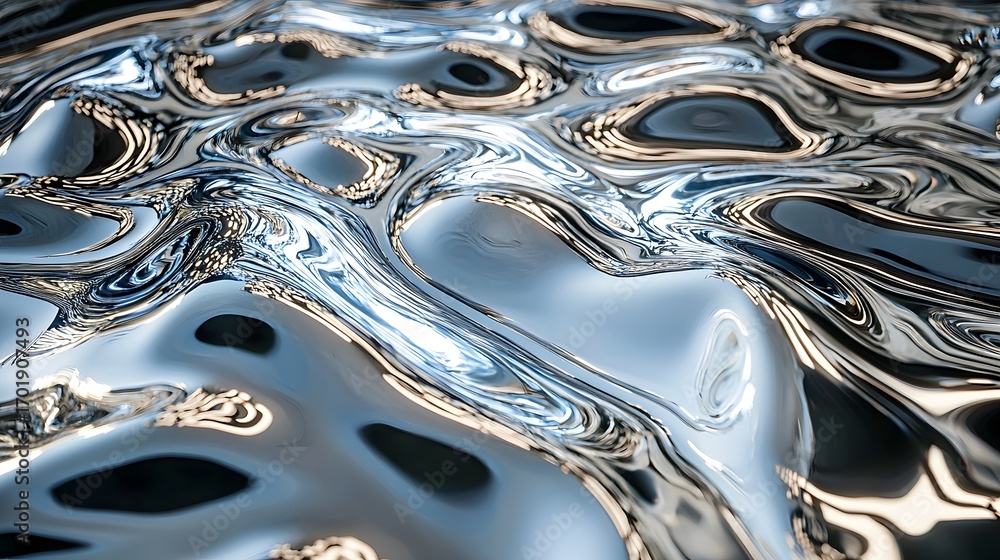 Poster a mesmerizing abstract design showcasing liquid metal with flowing, rippling patterns and reflective