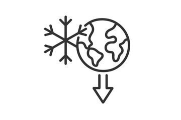 Global cooling and ice age concept icon. Planet Earth freezing with cold temperature drop. Climate change and environmental metaphor. Minimal vector outline symbol for design.