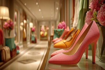 Boutique de luxe avec chaussures pour femme élégantes exposées en vitrine, style chic et raffiné, mode haut de gamme
