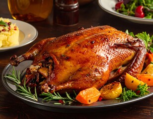 A roasted duck, glistening with rich brown hues, sits on a platter with roasted vegetables and herbs.