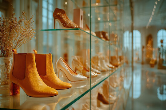 Boutique de luxe avec chaussures pour femme &eacute;l&eacute;gantes expos&eacute;es en vitrine, style chic et raffin&eacute;, mode haut de gamme