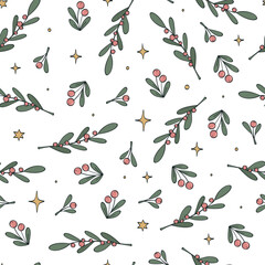 Christmas floral seamless pattern with stars, berries and leaves for textile prints, wallpaper, wrapping paper, scrapbooking, stationery, holiday decor, etc. EPS 10