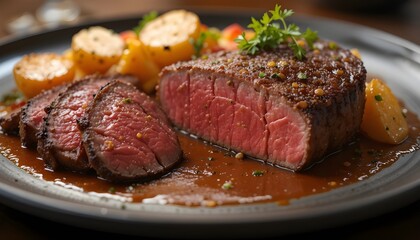 A beautifully plated medium-cooked prime-cut steak, clearly showing the juicy pink interior of the sliced meat. Served with golden roasted potatoes, vibrant seasonal vegetables, and rich brown gravy, 