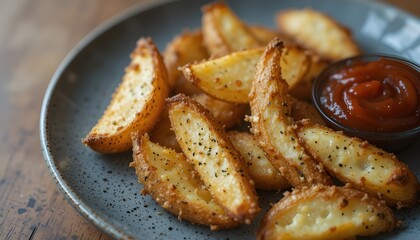 This mouthwatering photo captures perfectly seasoned potato wedges, delicately baked to achieve a golden, crispy exterior while maintaining a soft, fluffy interior. Placed on a stylish speckled cerami