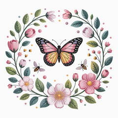 Whimsical butterfly and bees in a delicate floral wreath
