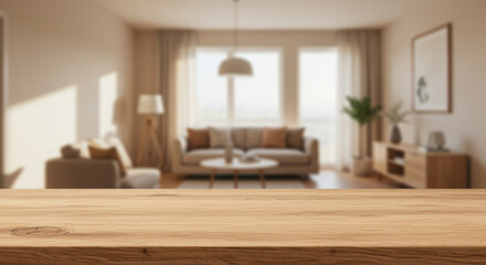 Warm toned living room with wooden table in foreground and sofa by window interior couch