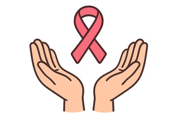 Pink ribbon in open hands vector icon. Breast cancer awareness month symbol. Concept of charity, hope, support, and donation for medical healthcare campaign for women.