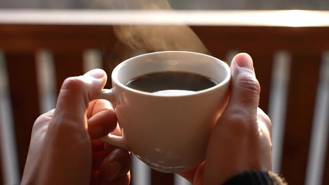 Person Holds a Cup of Steaming Black Coffee on a Sunny Morning, With a Brown Background and Visible Wooden Slats
